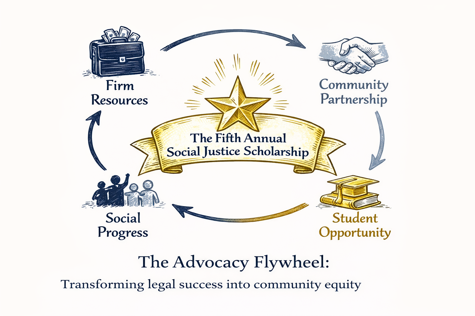 advocacy flywheel showing the loop of firm resources, community partnership, and student opportunity