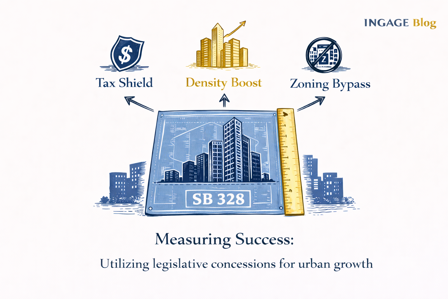  blueprint showing a building height boost with icons for tax shields and zoning bypasses.