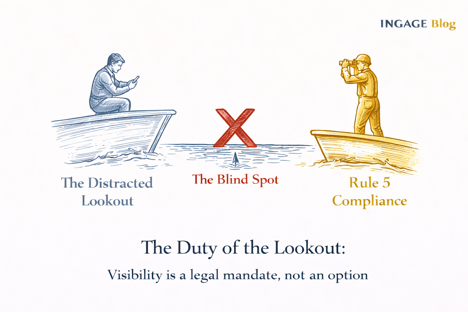 comparison of a distracted boater versus a compliant lookout monitoring the water.
