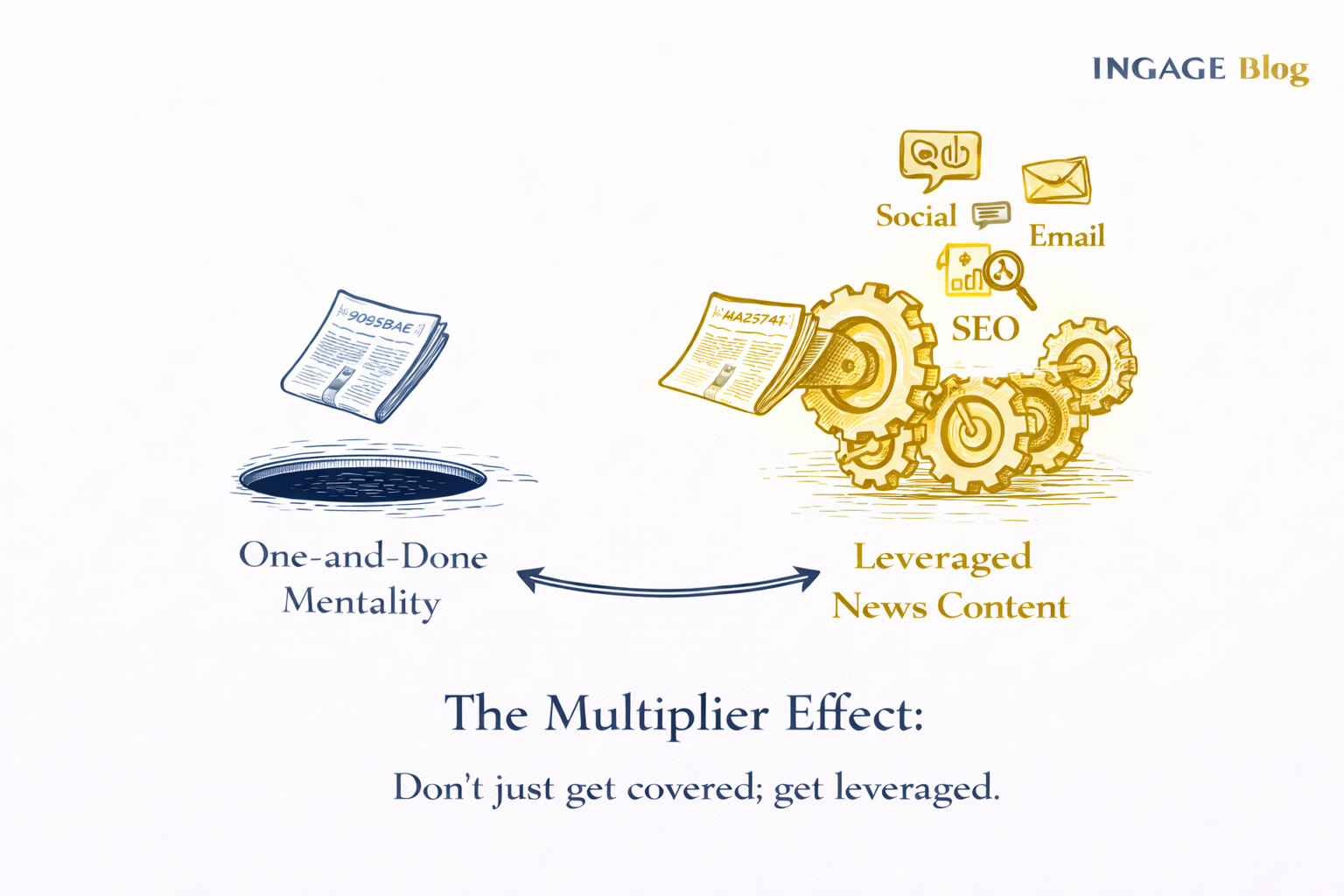 hand drawn infographic showing a news clipping being processed through gears to create multiple marketing assets.