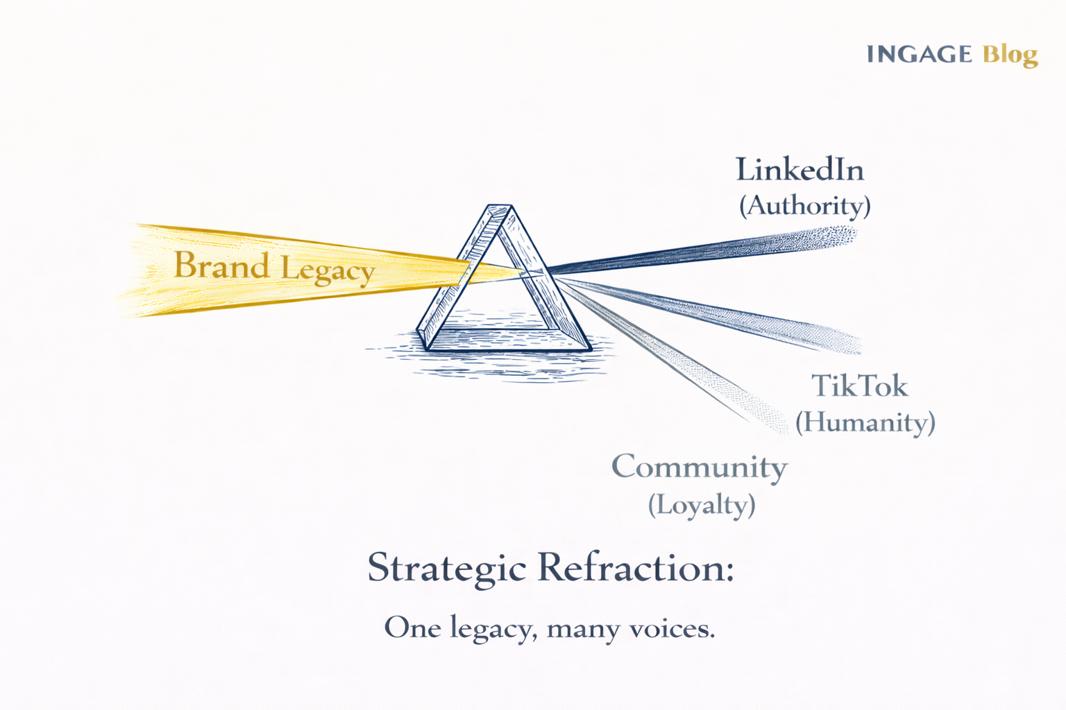 hand drawn prism diagram showing a single brand legacy splitting into different channel specific strategies.