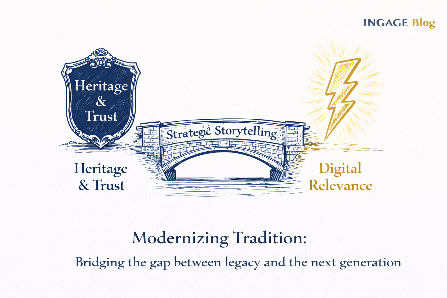 hand drawn shield and lightning bolt bridge representing the balance between heritage trust and digital relevance.