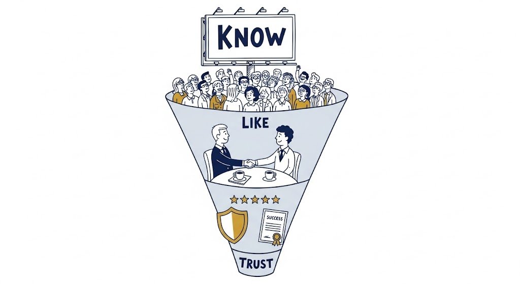 infographic showing the three stage funnel of know, like, and trust in legal marketing.