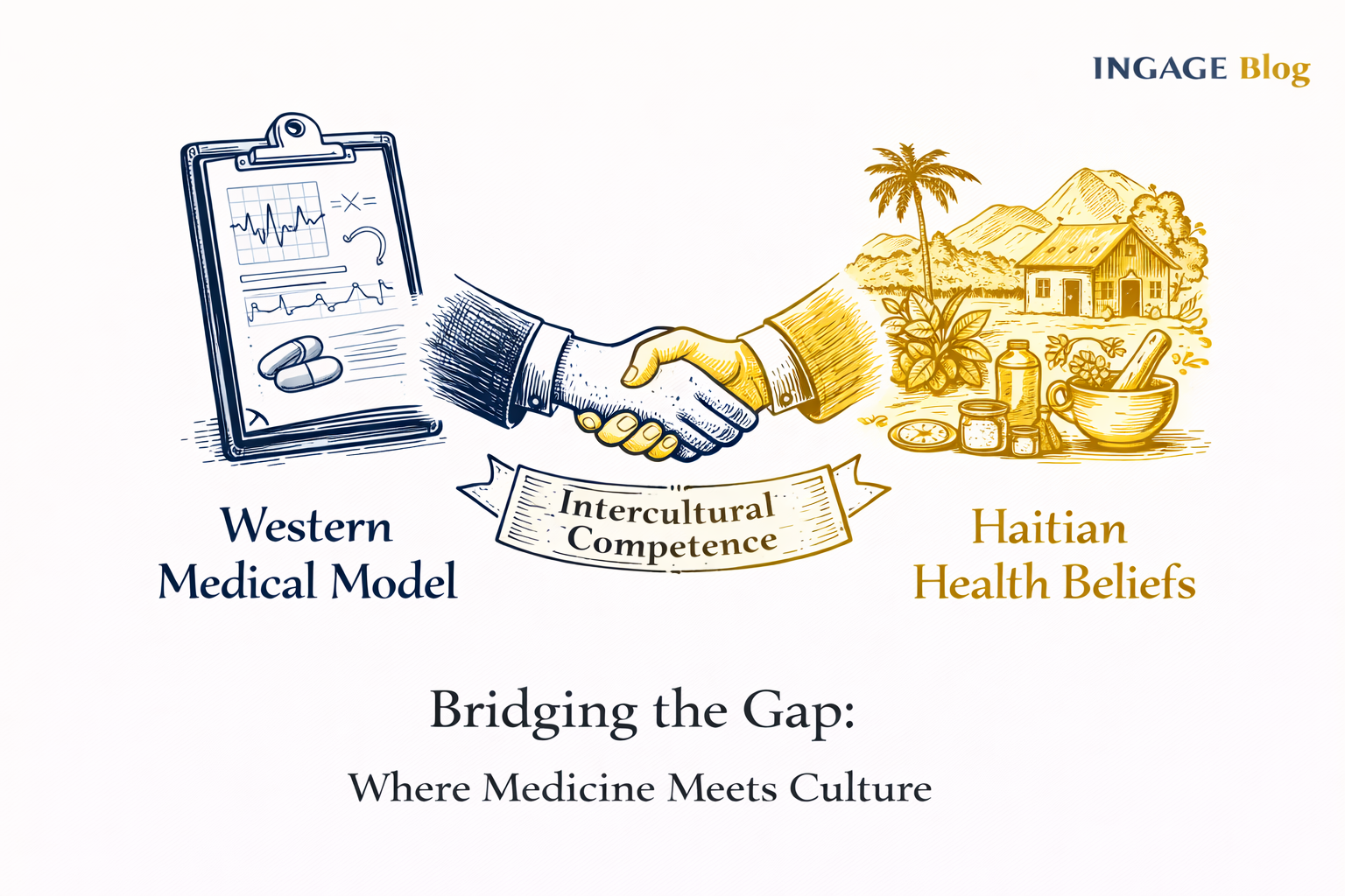 intercultural bridge connecting western medical charts to symbols of traditional haitian health beliefs.