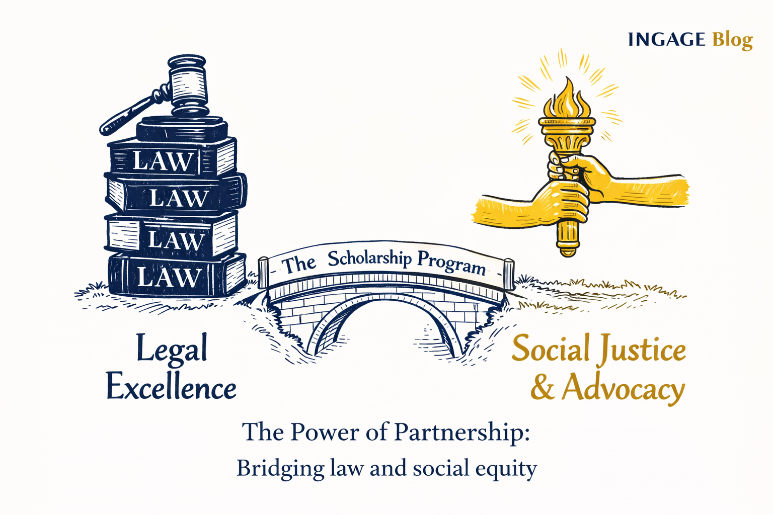 law books and torch bridge representing the synergy between legal excellence and social justice advocacy.