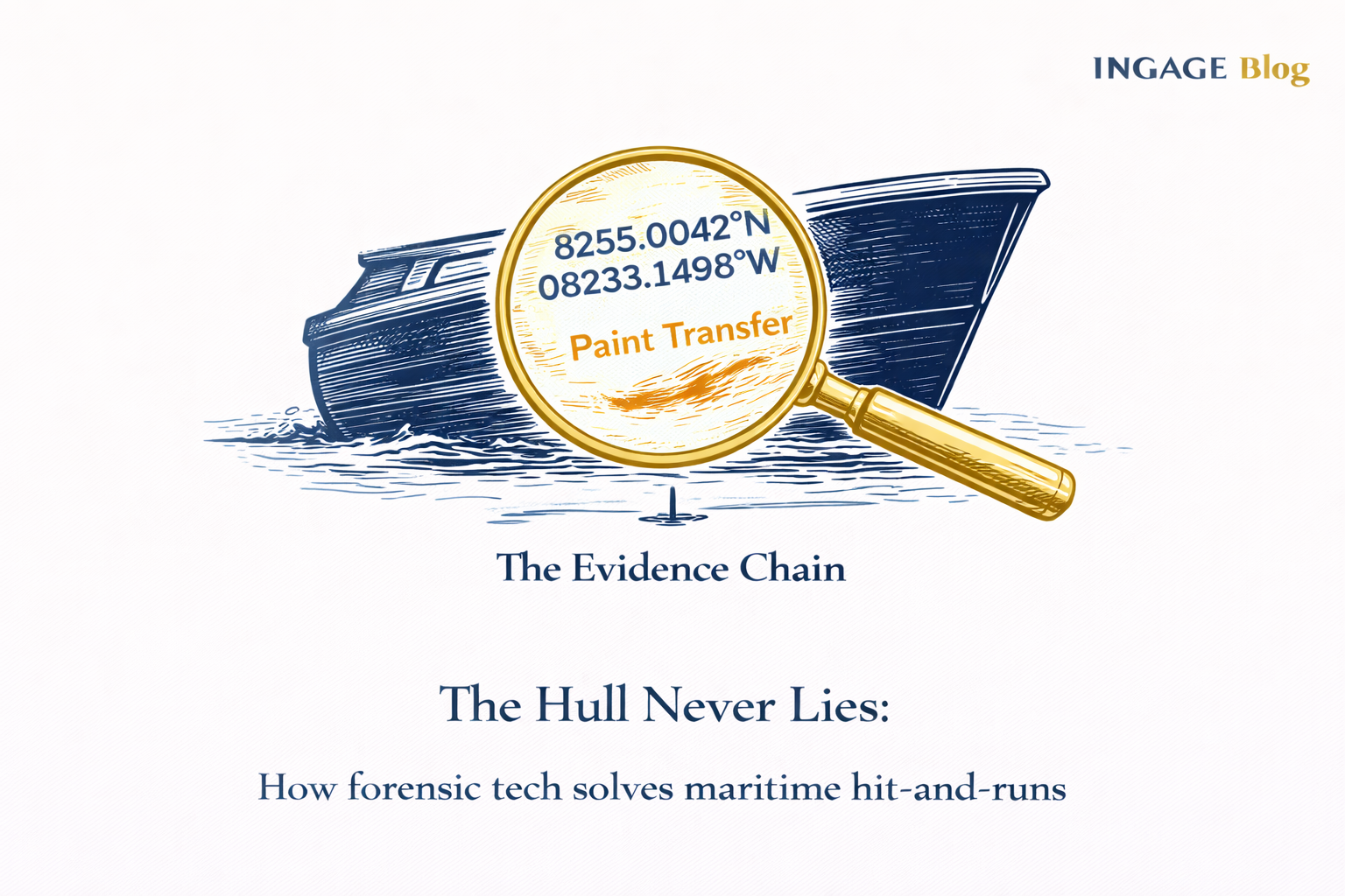 magnifying glass over a boat hull showing gps and forensic data evidence.