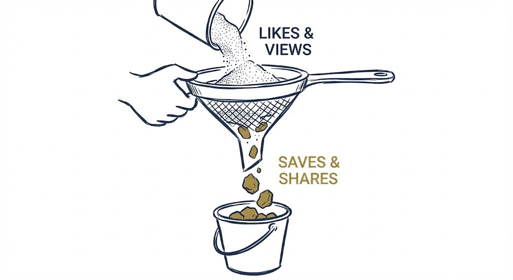 the metric sieve filtering out the sand (vanity metrics) to find the gold (intent metrics).