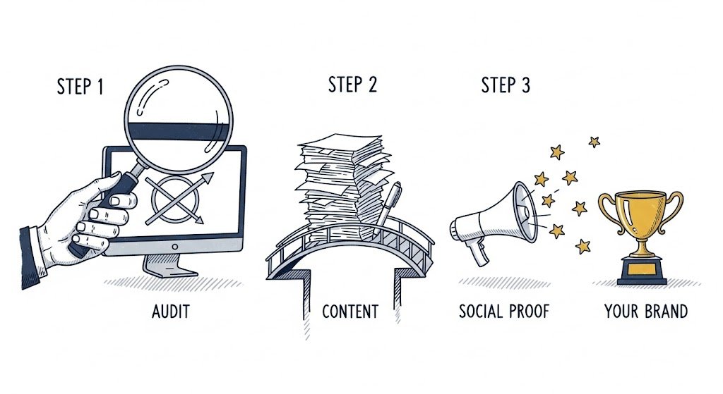 the path to brand authority audit, content, and social proof.