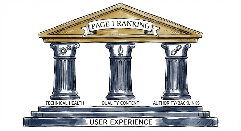 the pillars of rank a website needs all three supports to reach the top.