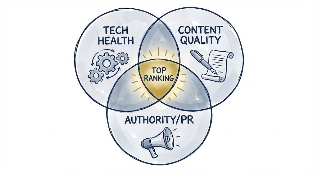 the seo trinity tech, content, and pr must overlap for maximum impact.