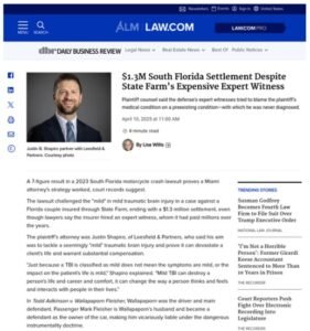 Daily Business Review article reporting on a $1.3M settlement won by Justin Shapiro of Leesfield & Partners, highlighting the firm's legal authority.