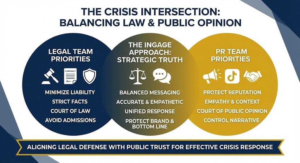 Venn diagram using INGAGE navy and gold colors to show the intersection of Legal liability and PR reputation management, resulting in a unified 