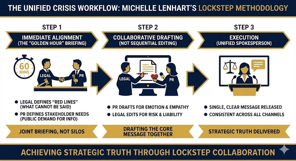 Three-step crisis workflow chart in INGAGE navy and gold, illustrating Michelle Lenhart
