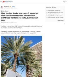 News article headline covering a $7M hotel privacy lawsuit filed by Leesfield & Partners, demonstrating national media reach for high-stakes cases.